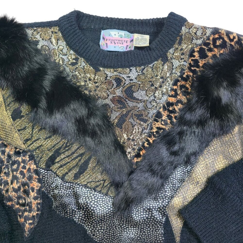 Vintage Hollywood & Vine Black Gold Metallic Leopard Print Faux Fur Sweater Size